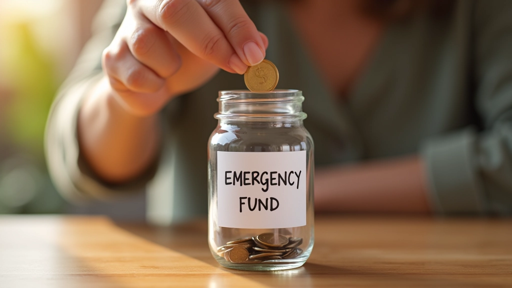 Ruka kladoucí minci do sklenice s etiketu nouzový fond