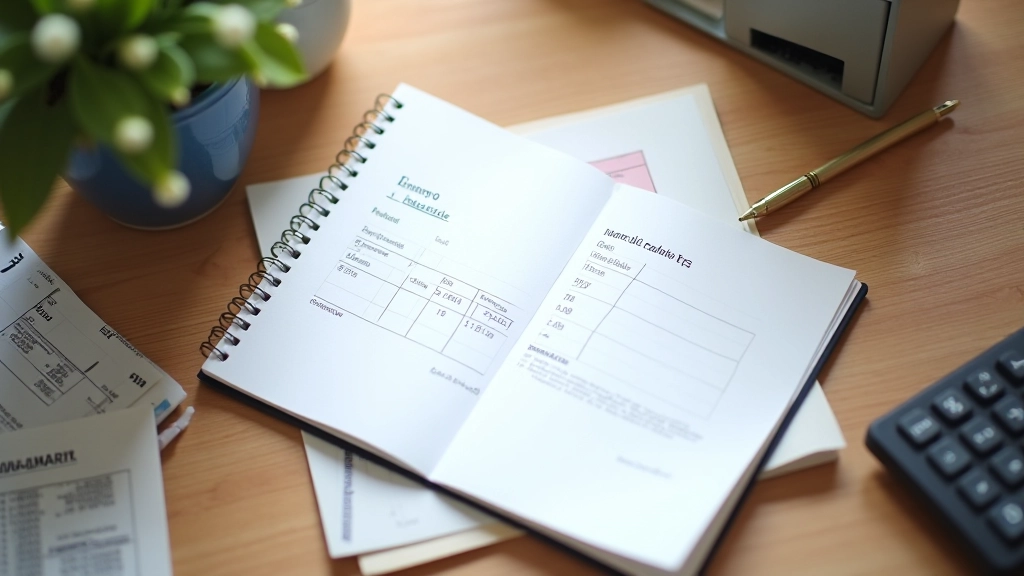 Notebook s poznámkami o financích, tužka a kalkulačka na desku