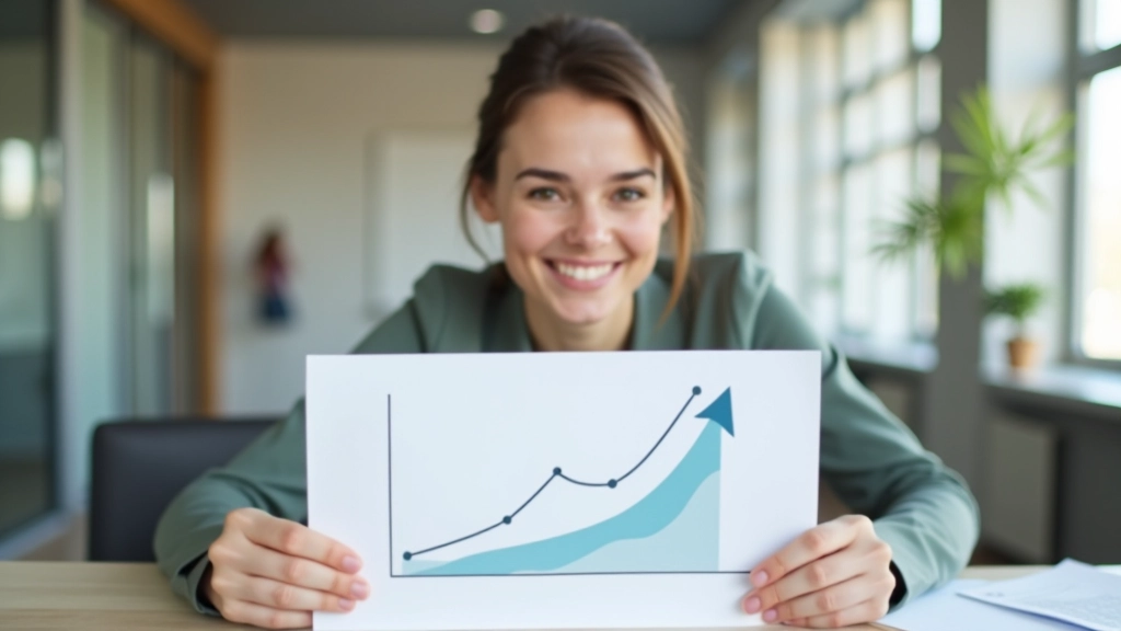 Osoba sedící u stolu s úsměvem, sledující pokrok na grafu růstu