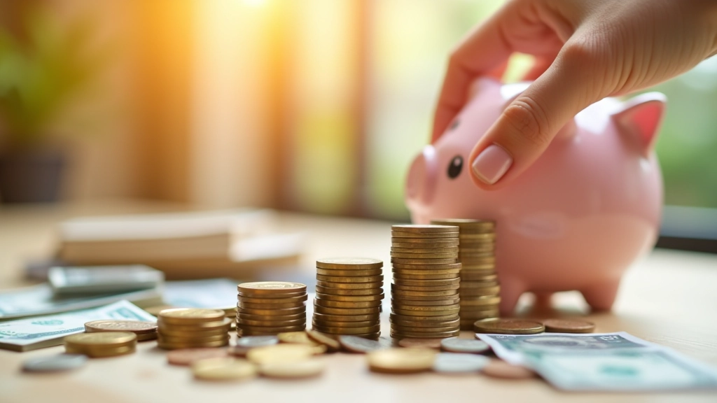 Růst grafu spořicího účtu, mince hromadící se v dlani, symbolizující postupné zvyšování nouzového fondu