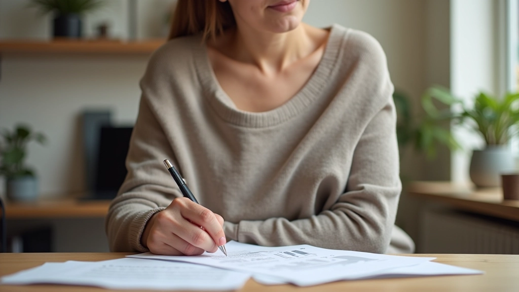 Žena sedí u stolu s finančními dokumenty, přemýšlí o budoucnosti