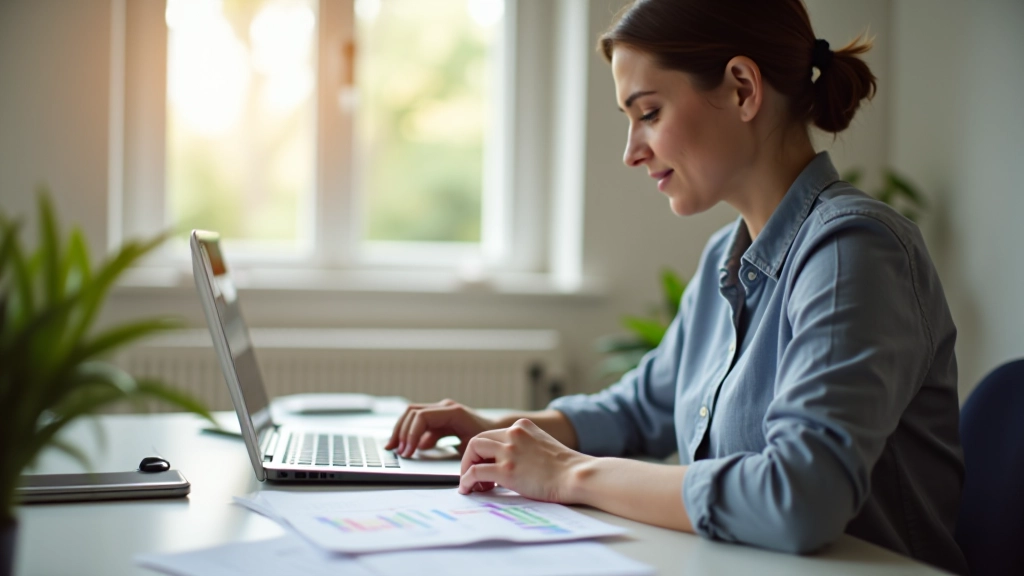 Žena při práci s tabulkou výdajů a plánování rozpočtu na notebooku